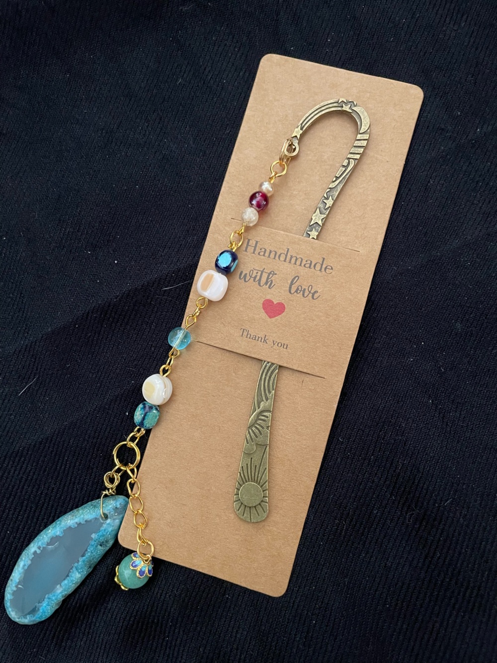 Gold-Tone Blue Agate Beaded Bookmark Charm